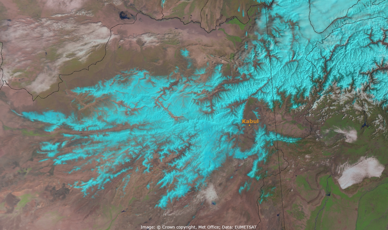 False colour satellite image of Afghanistan, showing snow on ground