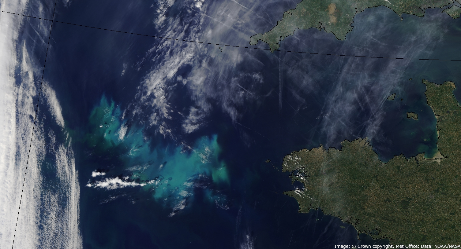 True colour satellite image showing phytoplankton bloom in the Atlantic