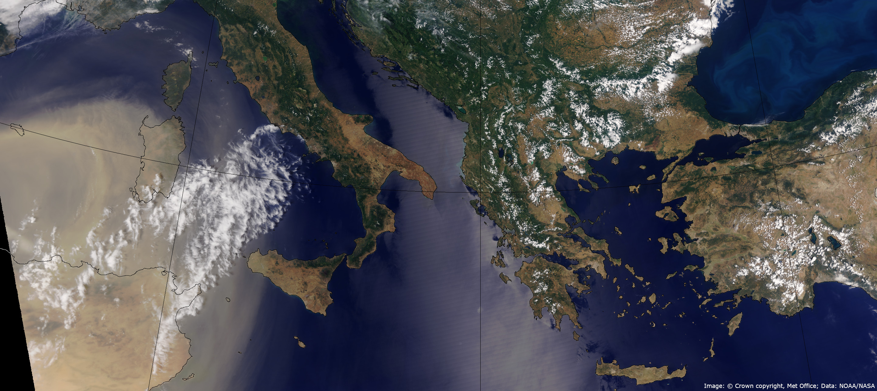 True colour satellite image showing dust advecting over the Mediterrnean