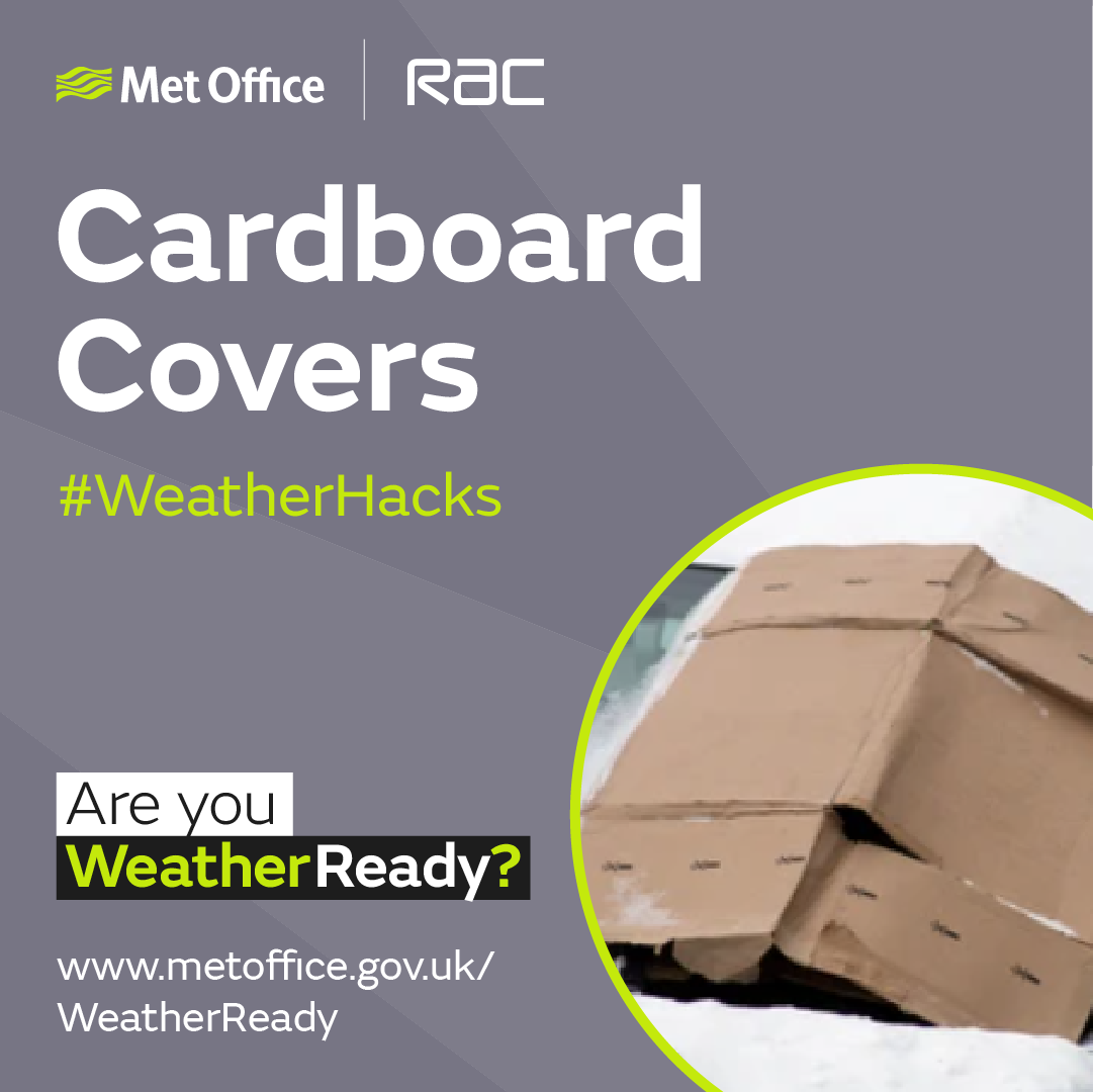 Met Office - RAC - Cardboard Covers #WeatherHacks. The image shows cardboard on a windscreen, preventing frost buildup.