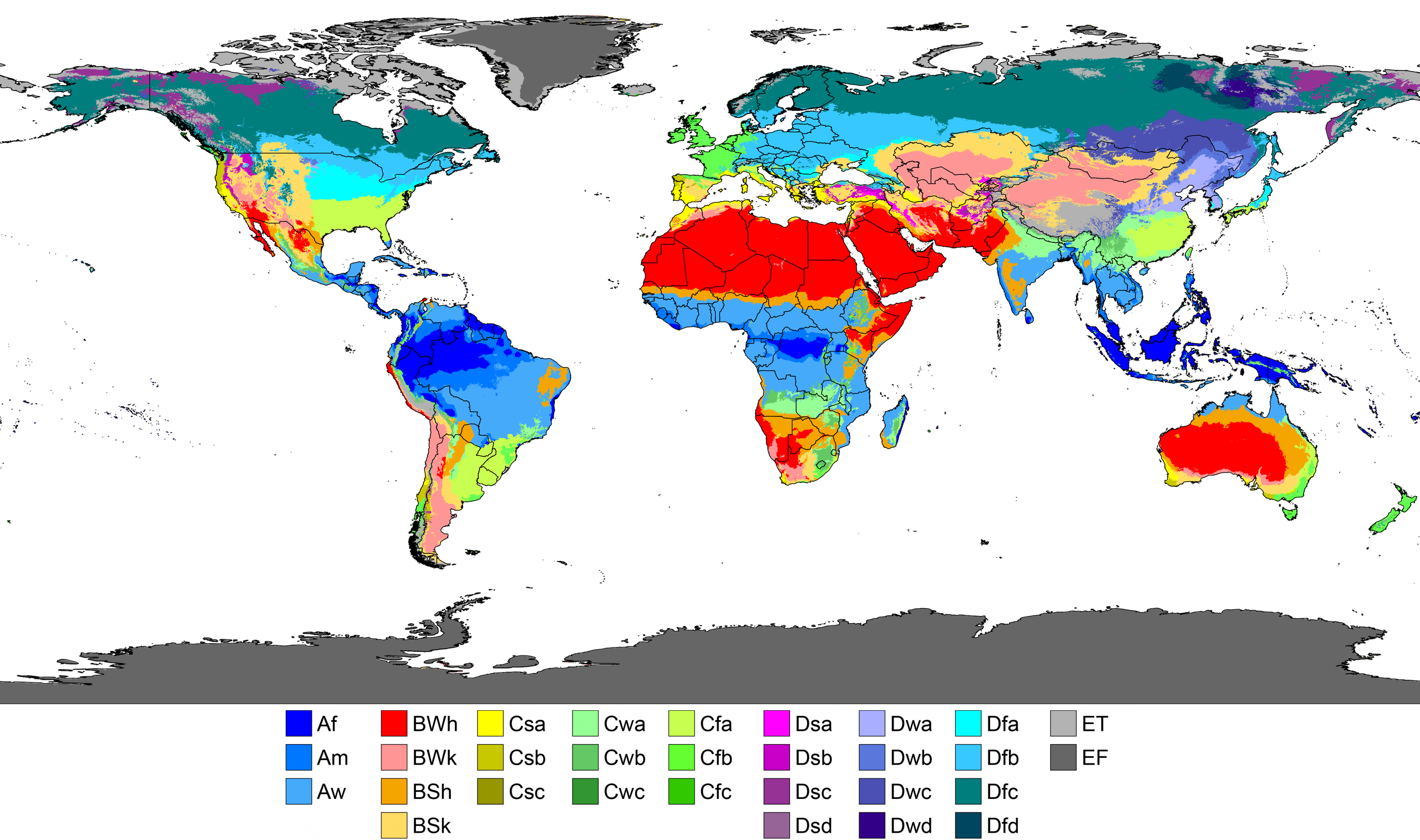 Map showing the world divided into Köppen climate zones. These zones are summarised in the text below.