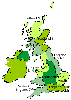 Map of the districts used by the Met Office for climatologies: South Wales and England South West; England South East and central South; East Anglia; Midlands; England North West and North Wales; England East and North East; Scotland West; Scotland East; and Scotland North.