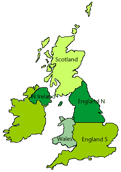 Map of the regions used by Met Office for climatologies: England South; England North; Wales; Scotland; and Northern Ireland.