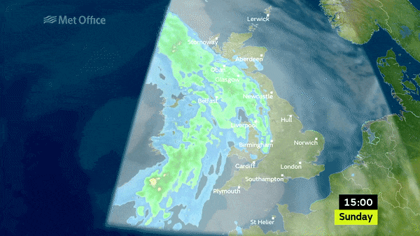 Single, large organised band of rainfall moving across a map of UK