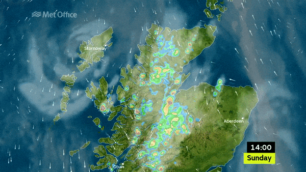 Isolated showers, appearing in different locations over a map of Scotland