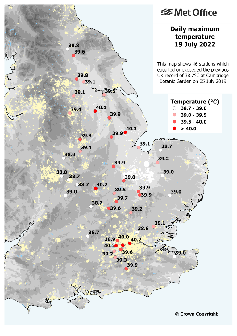 Map showing 46 weather stations in the UK which equalled or exceeded the previous UK record 38.7 degrees.