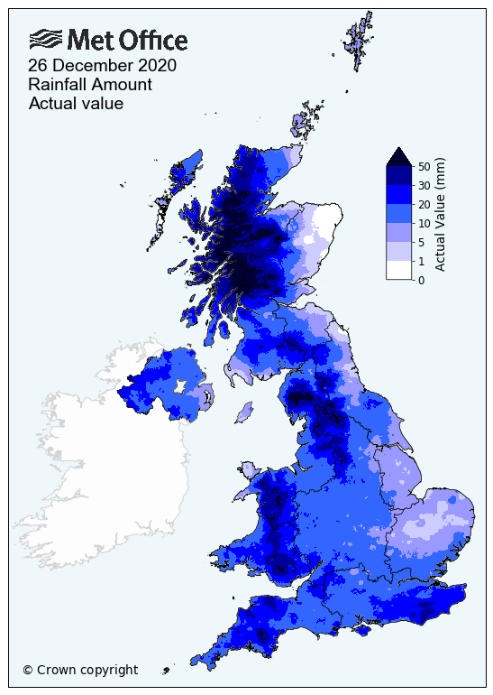 Map showing the amount of rainfall across the UK on 26 December 2020, as a percentage of the 1981-2010 average. Northern Scotland, parts of Wales and north west England record the most rainfall, with some places recording more than 50mm.