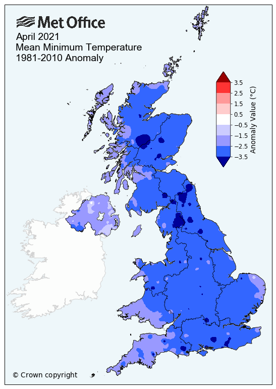 Map showing April 2021 average minimum temperatures