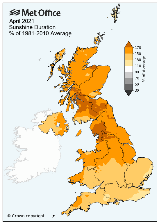 Map showing April 2021 sunshine duration