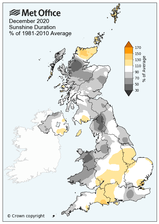 Map of the UK showing the sunshine duration across the UK in December 2010, as a percentage of the 1981-2010 average. Most of Wales, northern England and Scotland record between 50 and 90% of the 1981-2010 average, with sunshine totals below normal across much of the UK.