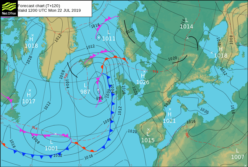 A forecast chart valid until 1200 UTC on Monday 22nd July 2019.