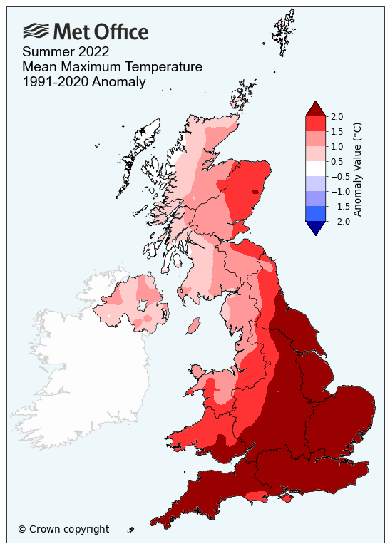 A map that shows the mean temperature in the summer was above average across the UK and highest in the south and east