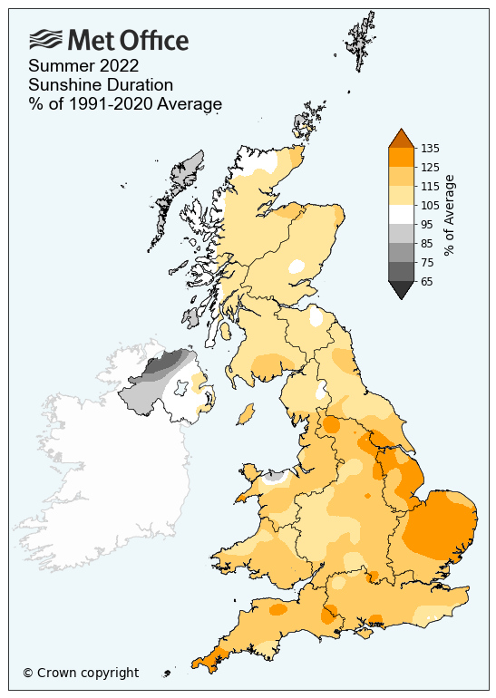 A map that shows much of the UK had greater sunshine hours than average in the summer of 2022, but northwestern Northern Ireland was duller than average.