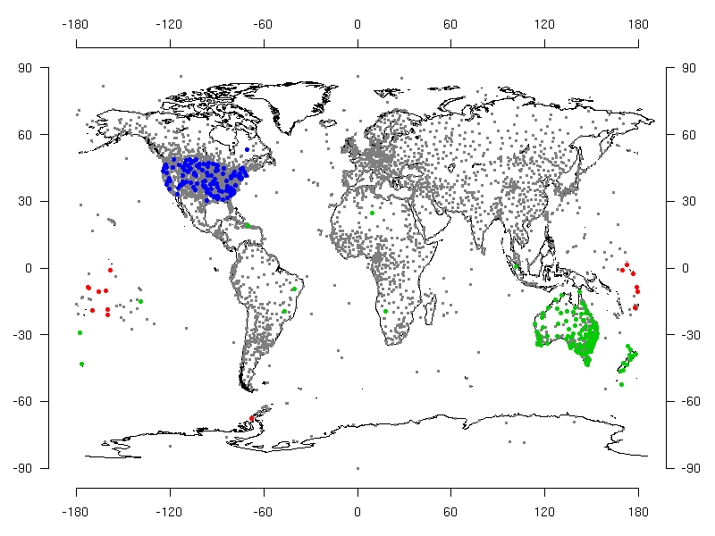 Map showing location of CRUTEM3 stations and locations of stations whose data have been corrected