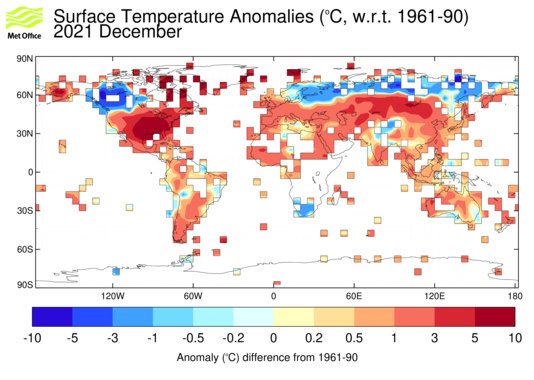 CRUTEM4 surface temperature anomalies for most recent month