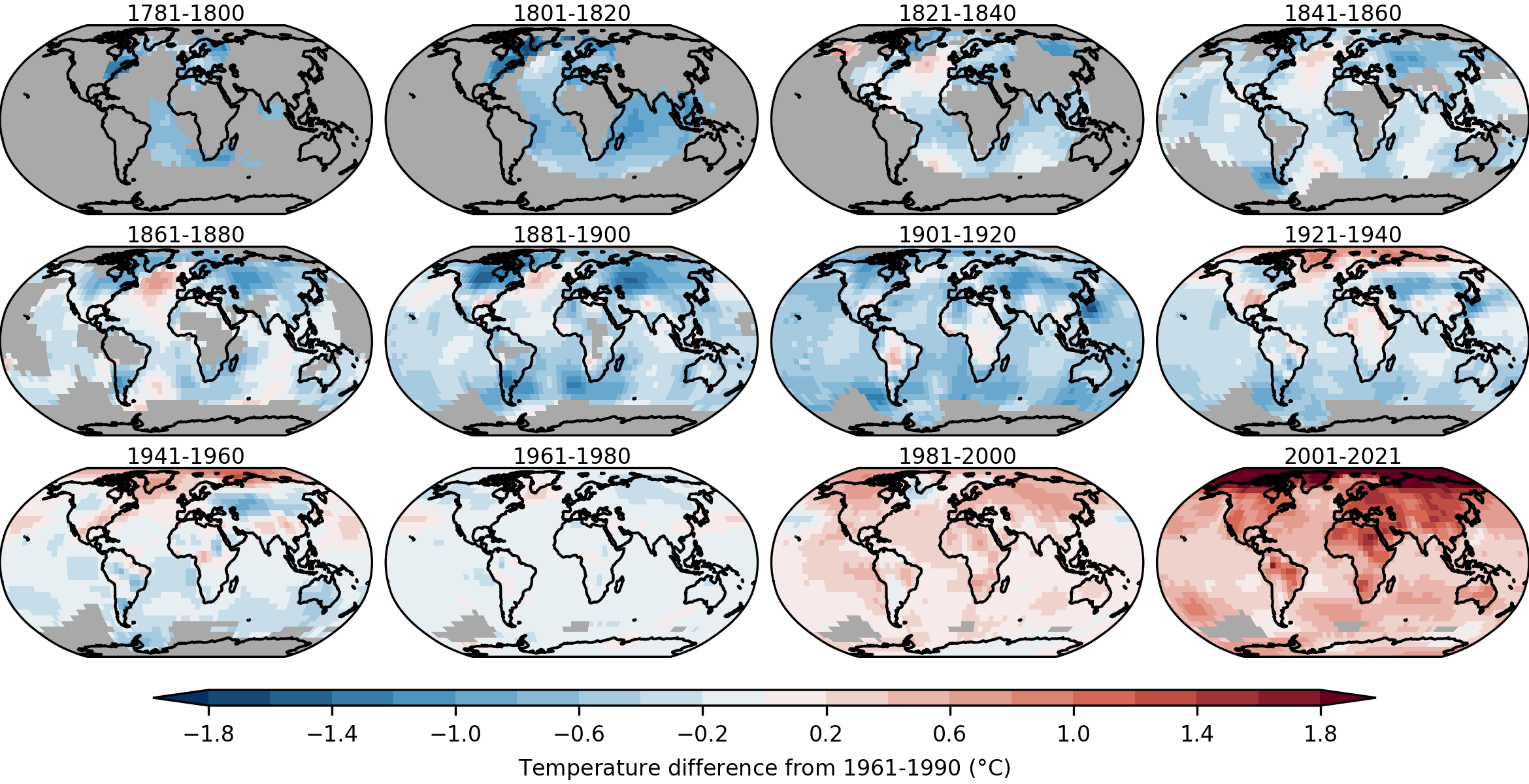 20-year average surface air temperature for the GloSATref analysis (°C relative to 1961-1990, final panel shows 21-year average).