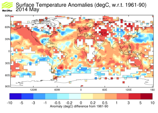 Map of combined land-surface and sea-surface temperature anomalies from HadCRUT3