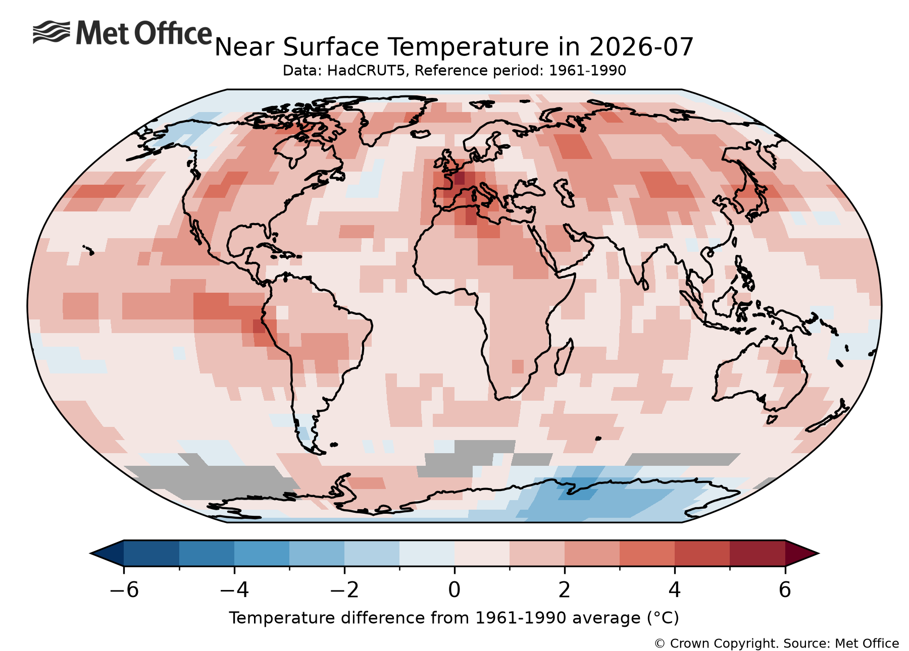 Global average temperature anomalies for the most recent month.