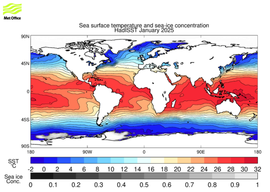 Map of sea surface temperature and sea ice concentration for the latest available month