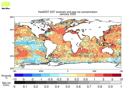 Map of sea surface temperature anomalies and sea ice concentration for the latest available month