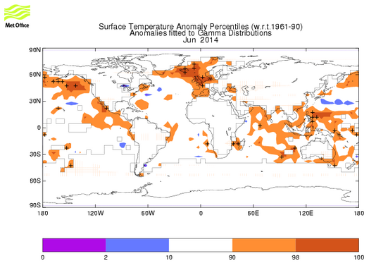 HadSST2 map for lastest month percentiles relative to 1961-90