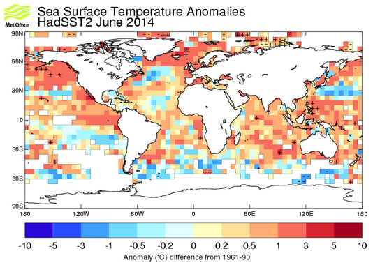 Sea surface temperature anomalies with respect to 1961-90 from HadSST2