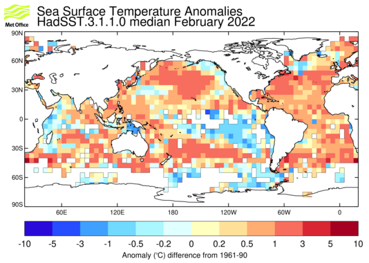 Map of sea-surface temperature anomalies from HadSST3 for latest month