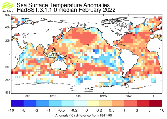 HadSST3 anomalies map for lastest month