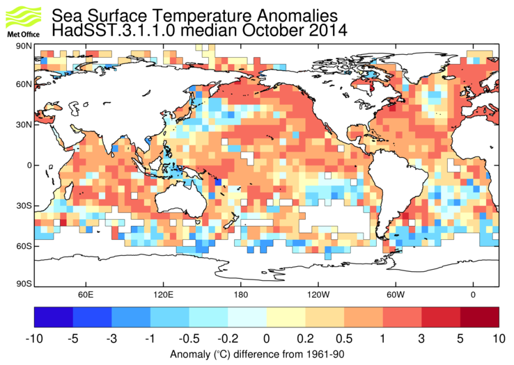 HadSST3 sea-surface temperature anomaly map for October 2014