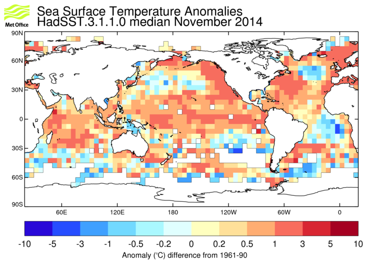 HadSST3 sea-surface temperature anomaly map for November 2014