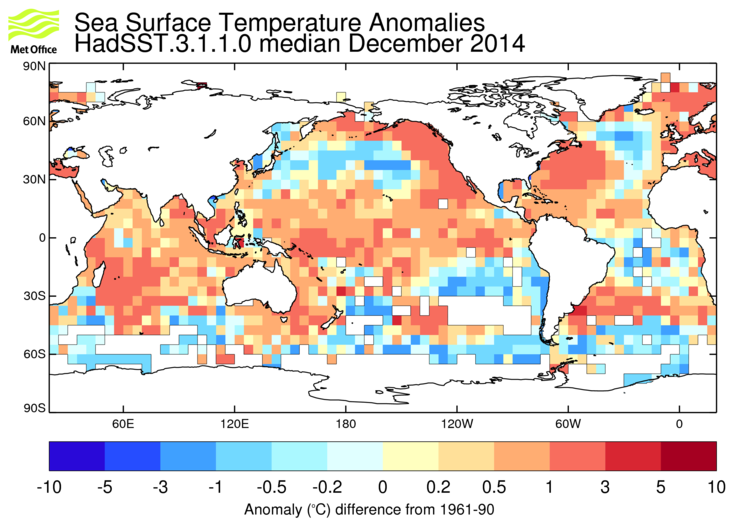 HadSST3 sea-surface temperature anomaly map for December 2014