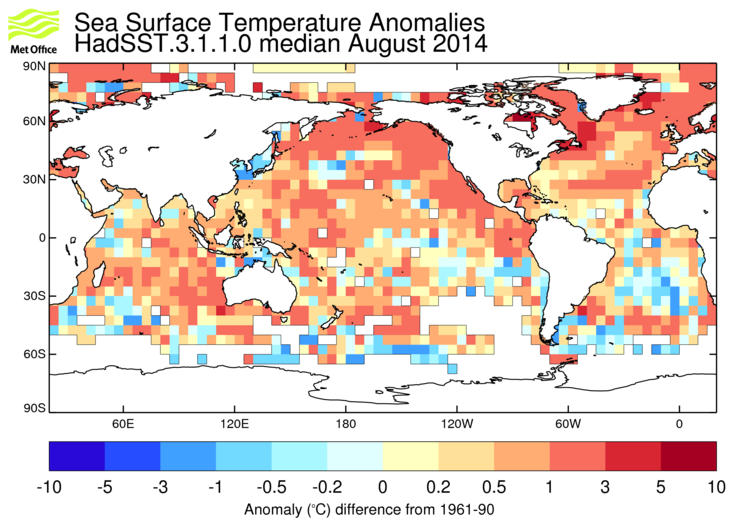 HadSST3 sea-surface temperature anomaly map for August 2014