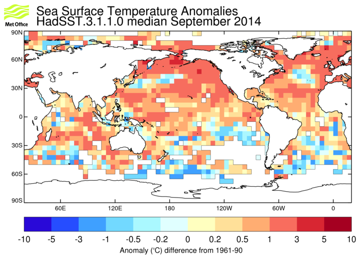 HadSST3 sea-surface temperature anomaly map for September 2014