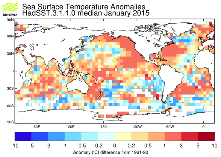 HadSST3 sea-surface temperature anomaly map for January 2015