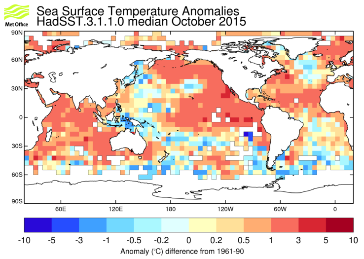 HadSST3 sea-surface temperature anomaly map for October 2015