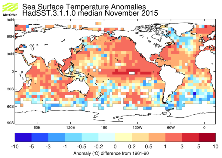 HadSST3 sea-surface temperature anomaly map for November 2015