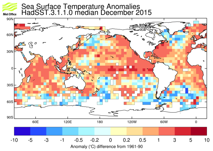 HadSST3 sea-surface temperature anomaly map for December 2015