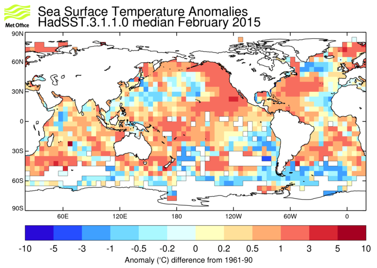 HadSST3 sea-surface temperature anomaly map for February 2015