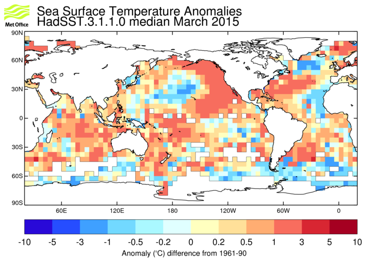HadSST3 sea-surface temperature anomaly map for March 2015