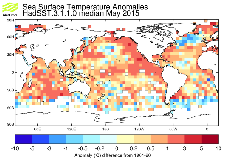 HadSST3 sea-surface temperature anomaly map for May 2015