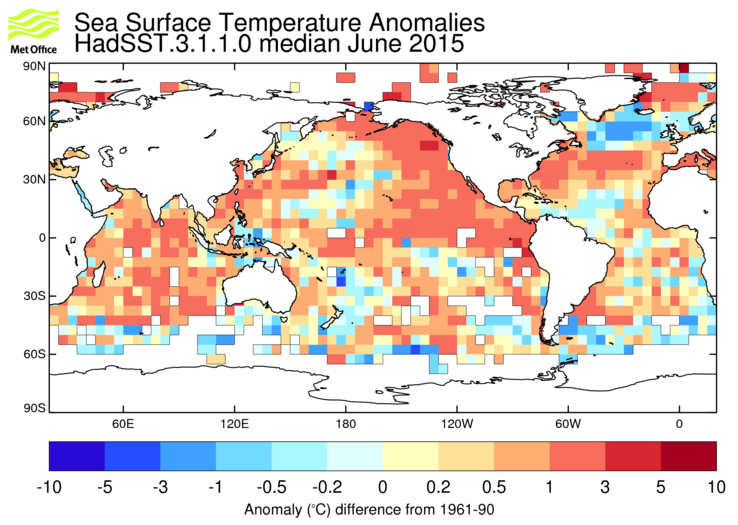 HadSST3 sea-surface temperature anomaly map for June 2015