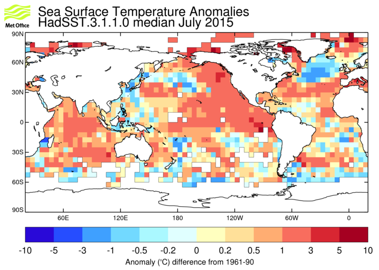 HadSST3 sea-surface temperature anomaly map for July 2015