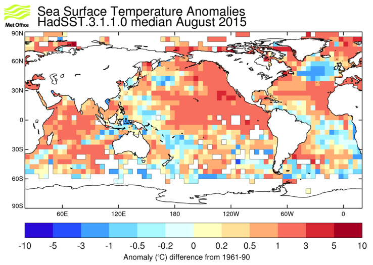 HadSST3 sea-surface temperature anomaly map for August 2015