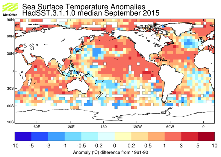 HadSST3 sea-surface temperature anomaly map for September 2015