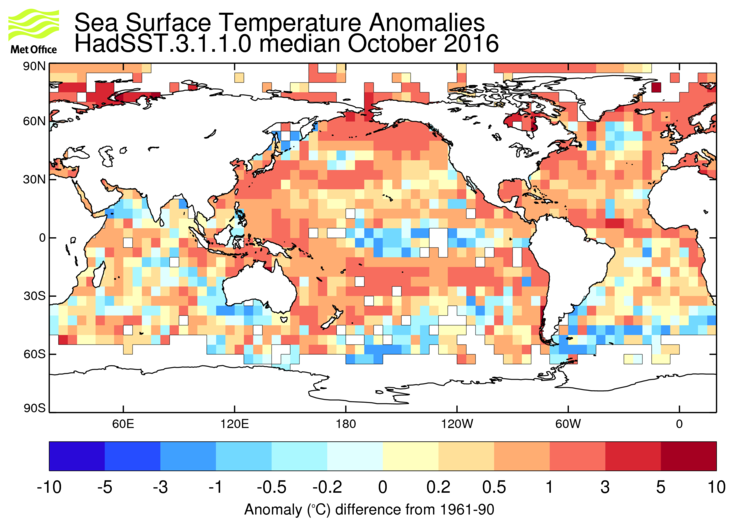 HadSST3 sea-surface temperature anomaly map for October 2016