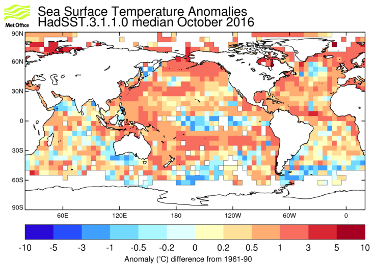 HadSST3 sea-surface temperature anomaly map for October 2016