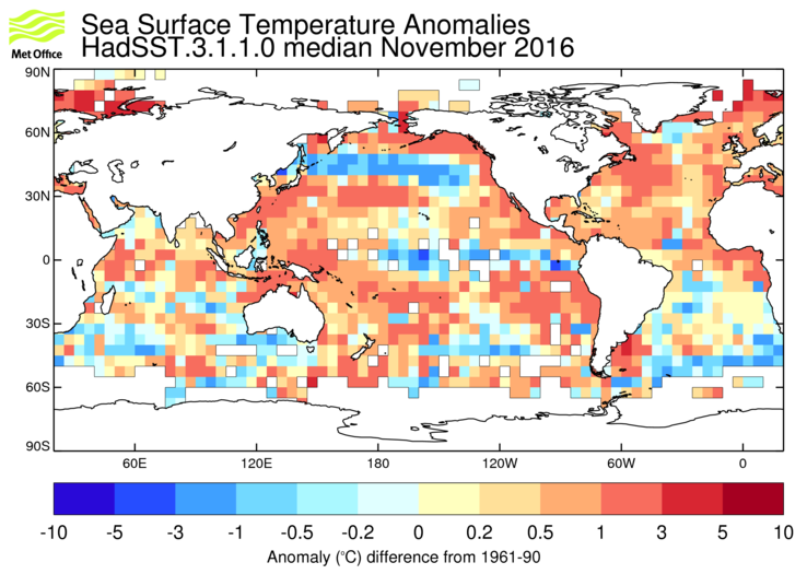 HadSST3 sea-surface temperature anomaly map for November 2016