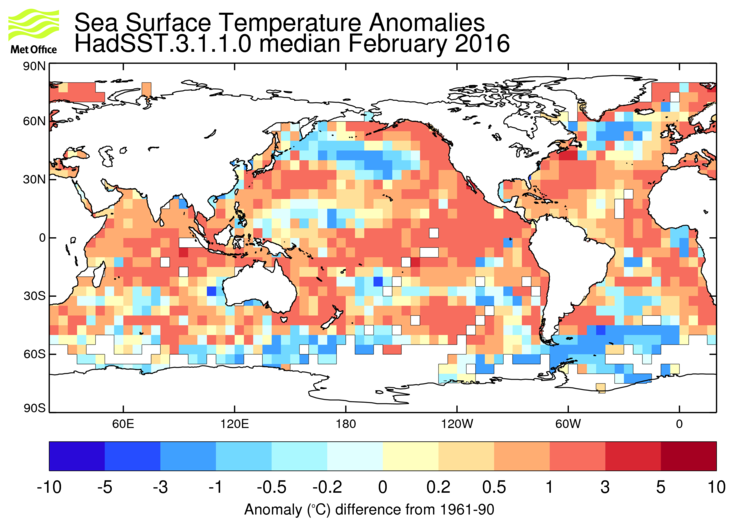 HadSST3 sea-surface temperature anomaly map for February 2016