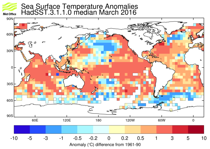 HadSST3 sea-surface temperature anomaly map for March 2016