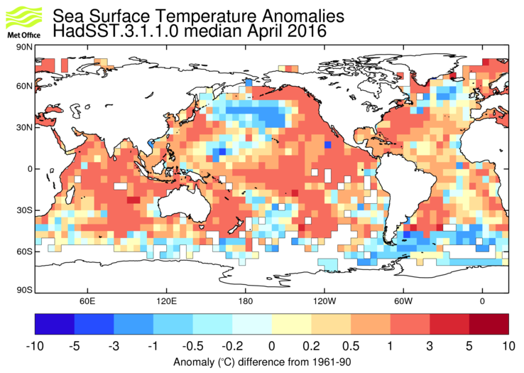 HadSST3 sea-surface temperature anomaly map for April 2016